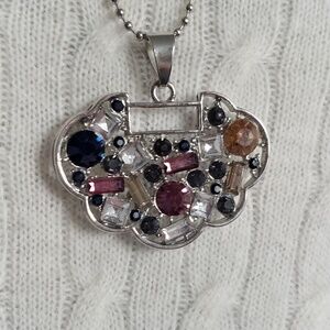Silvertone Multi Color Pendant & Chain Necklace